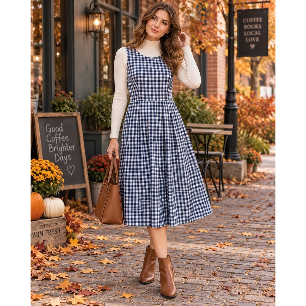 Kaya & Sloane Medium Blue Gingham Midi Dress Cotton Fit Flare Preppy Cottagecore